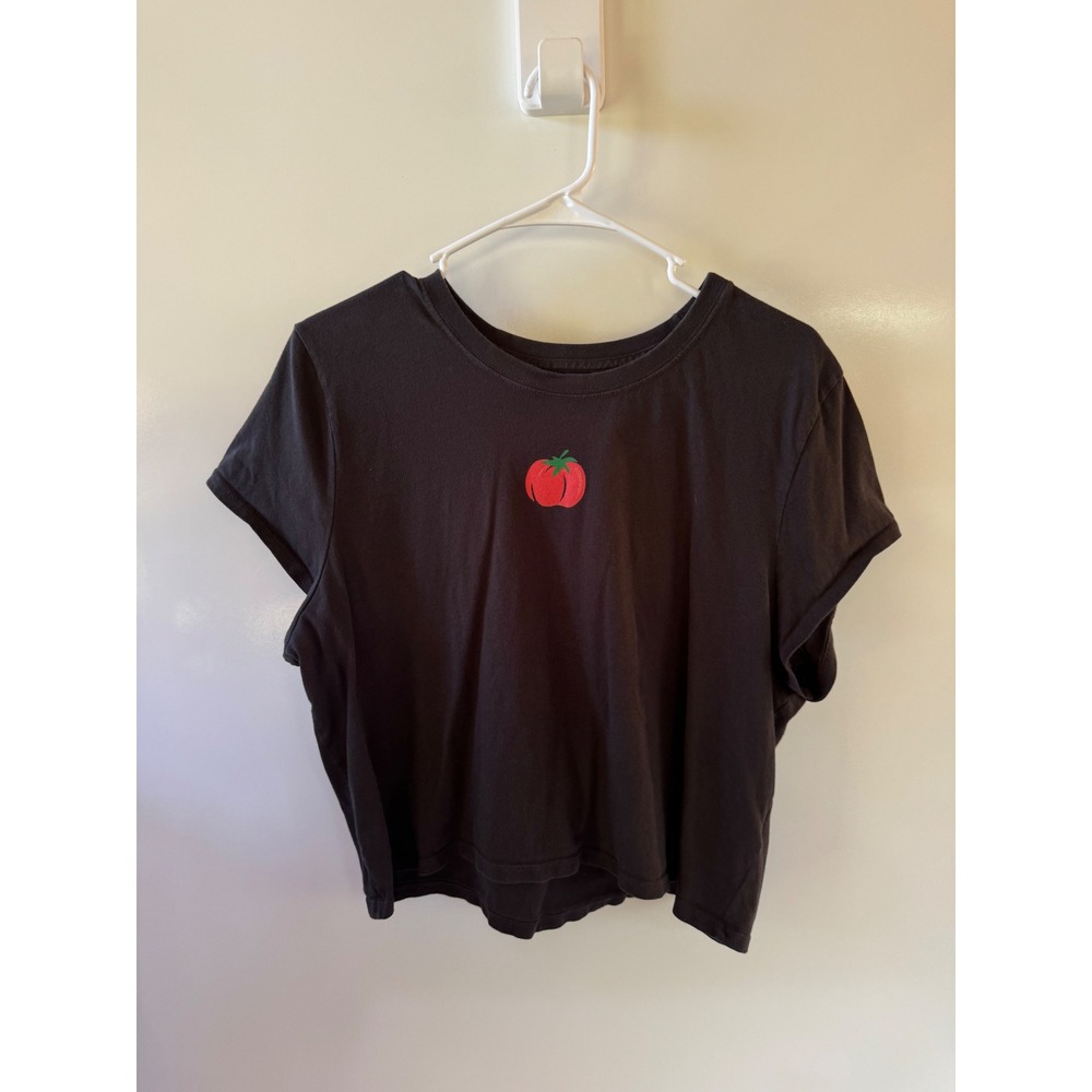 Life is Good Crusher-Lite Tomato Embroidered Crop T-Shirt Black Womens XL